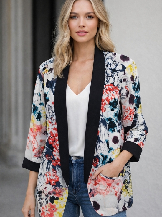 Only Jackets & Blazers - Only Floral Shawl-Collar Blazer Jacket - Black Trim, Multicolor Print